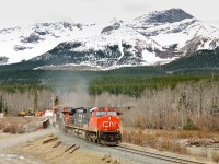 CN C44-9W 2597, CN ES44DC 2316 and CN SD70M-2 8949 "pull" 56 loads of coal off of the steep Luscar Industrial Spur. Due to the severe grade and heavy coal train, brakes are applied at the top of the hill where the coal loadout is located, and the train is pulled down the hill to avoid a runaway. L769 will now venture across CN's 26 mile roller coaster Mountain Park Sub and then onto the Foothills Sub at Parkhill Junction. They'll take their 56 cars to the siding at Embarras, and then return light power to the yard at Leyland (half a mile behihd me) to get the other half of their train and continue loading. Once loaded, they'll run around their train and pull the other 56 loads over to Embarras, double their train together and make a run to the mainline (Edson Sub) at Holloway. This normally takes 2 crews, sometimes 3 if things don't go according to plan!