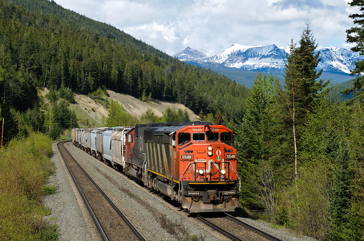 CN SD60 cousins 5548 and 5403 claw their way west on CN's Albreda Sub with a heavy grain train.