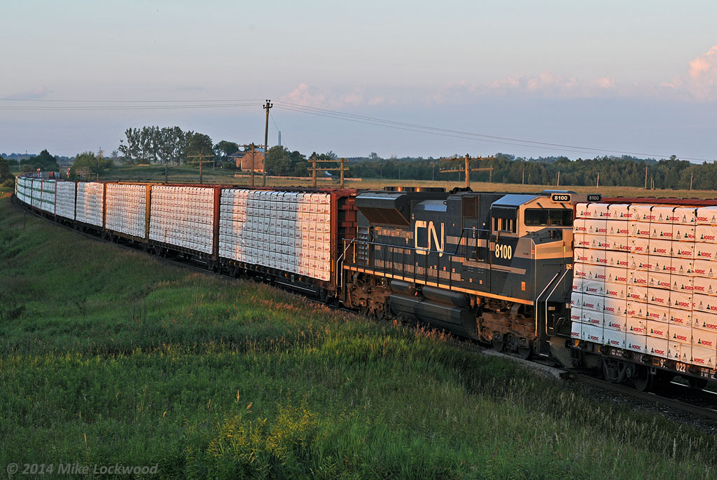 The last rays of sunlight filter past the trees to bathe the flanks of CN 8100 in a soft pink light. In seconds the light is gone. Working as the DPU on 369 at Newtonville, she looks pretty sharp in her patched image. 2032hrs.
