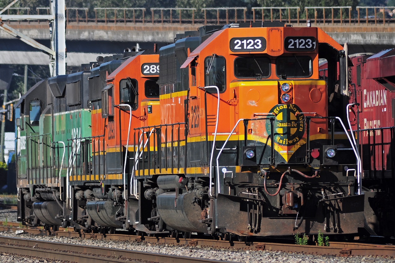 Some BNSF EMD GP38-2's sitting at the BNSF Yard in New Westminster, British Columbia.