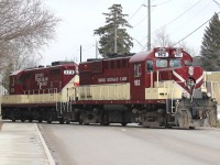 Ontario Southland units 378 and 182 running light in Ingersoll, Ontario