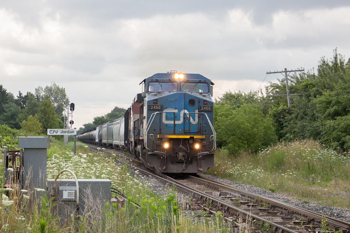 It's not very often that I pray for overcast lighting, however I'd greatly prefer that over a backlit shot, especially considering the fact that its rare opportunity to catch a freight on the Grimsby Sub that isn't backlit or too dark. In this scenario, it helped that a Blue Devil was in the lead, which fits the scene well, and to top it off is BCOL 4608 trailing as it grinds through the control point at Jordan. 331 had just cleared a 25mph restriction between Mile 14 and 15 due to Monday's washout, however it was back at 45mph by the time it hit Jordan with 8400 horses and only 42 cars in tow.