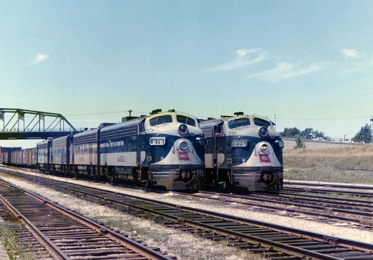 In the summer of 1964, fifty years ago lashups of pure Wabash F-units were common. Two lashups with Wabash F7's 676 and 725 leading other F's in various paint schemes sit at the Central Avenue bridge, near the border in Fort Erie ON.