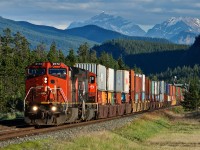 A former ATSF C40-8W hustles a short 2nd section Kamloops-Toronto Q112 under the approach signal to Henry House on CN's Edson Sub.