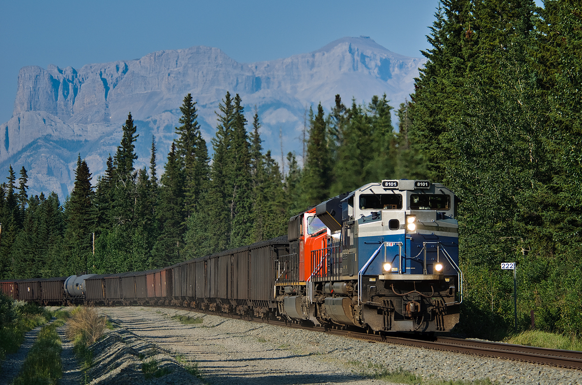 Still in former EMD demonstrator paint, CN SD70ACe 8101 hustles west on CN's Edson Sub with Edmonton-Prince George train M303 in tow.