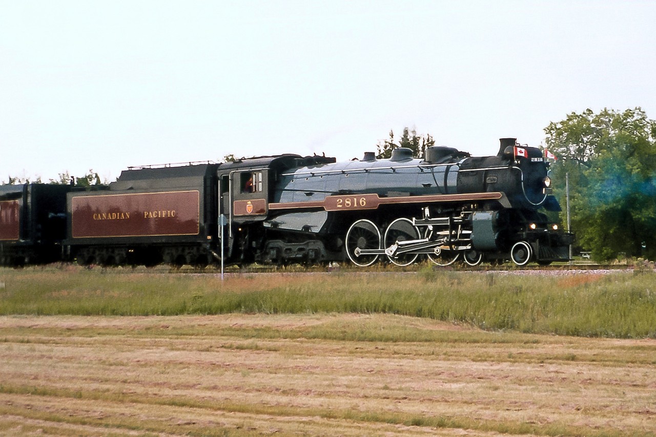 In 2003 Canadian Pacific H1b 4-6-4 2816 made a cross-Canada tour in support of Breakfast for Learning, a non-profit organization dedicated to supporting child nutrition programmes across Canada.  She is seen here travelling west at Sidney, Manitoba.