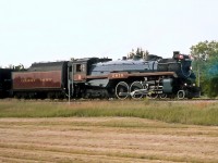 In 2003 Canadian Pacific H1b 4-6-4 2816 made a cross-Canada tour in support of Breakfast for Learning, a non-profit organization dedicated to supporting child nutrition programmes across Canada.  She is seen here travelling west at Sidney, Manitoba.