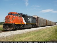 With CP's F units on their way to London for the Canadian Women's LPGA Tournament, CN ponied up their own 'F' unit for me.  Here SD60F #5537 runs solo as it leads a fairly large CN #439 west past MP 81 on the VIA Chatham sub as it approaches Stoney Pointe.