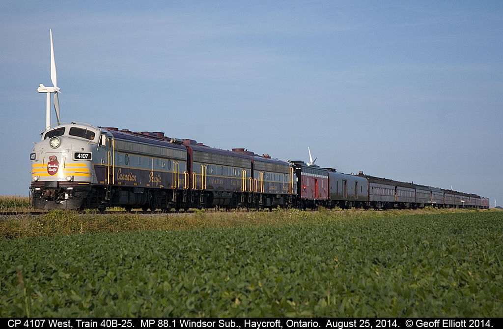 Well, certainly not as nice as some of the other photos of the CP Executive train, but all things considered, the best I could pull off.  Here 4107 is about to cross the Rochester TL crossing as it has passed through Haycroft, Ontario on it's way back to Calgary via Southern Ontario and the U.S.  Hunter should have taken the time to paint the steam generator and tail-end cars before heading out b/c they really take away from what is a classy train......