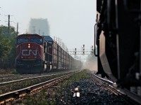 16 miles into the trip to Sarnia, we meet CN 5692 West at Brampton.