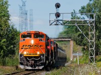 A BNSF SD70ACe leads a 14,000 ton crude oil train down grade through Beare with a former Oakway SD60 and BNSF C44-9 trailing.