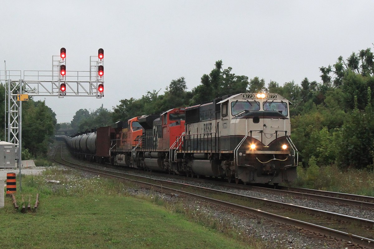 CN U710 with BNSF 9773, CN 8960 and BNSF 5837 snake through Georgetown on their way to Goreway for a change off before heading further east to Montreal.