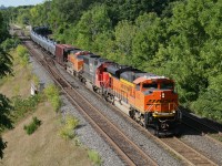 After calling the Rule 42 foreman to clear the tracks at the RBG Laking Garden footbridge, CN U710 exits the Dundas Sub at Bayview onto the Oakville Sub.  A nice treat today, Aug 28, 2014 at 10:21am with BNSF 9265, followed by class leader CN 5400, and another BNSF, 4456.