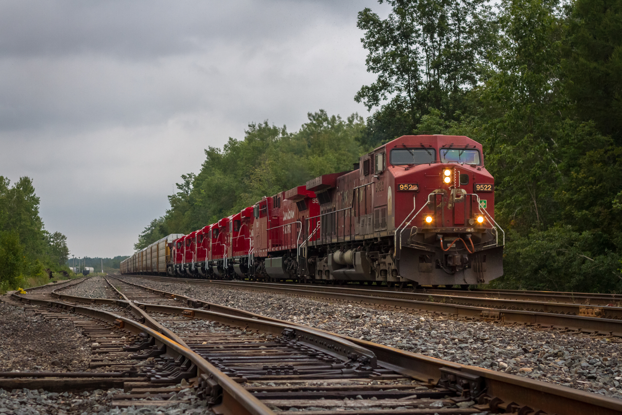 Please excuse the less than desirable image - but how often do you see a massive lash-up like this? The storm is brewing as CP 255 gets moving on the Galt Subdivision, after making the 16 mile trek up the mountain grade through Waterdown on the Hamilton Subdivision. Power is CP 9522-9591-2292-2282-2281-2286-2290-9598.