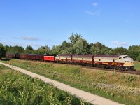 CP 40B-13 rockets through Palgrave, Ontario with an A-B-A consist and 13 cars for Toronto and eventually London for the LPGA golf tournament that CP is sponsoring. 