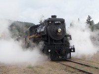 Photo taken after riding the Kettle Valley Railway. The 2-8-0 is just about to head down the line to run around the consist to prepare for the next run.