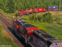 Having completed lifting a pair of cripple stack cars (brakes wouldn't release, set out earlier in the week) from the Sabic Spur, CP 8211, 4657, and 3038 rest while the crew performs the roll-by of 608, powered by CP 8912 and 6003. It's not normal to have three units on the Cobourg/Trenton Turn, and I'm at a loss as to a reason why.
<br><br>
No matter, it's an interesting consist, and one that has representatives of two models that seem as if they may soon be extinct from the roster; namely the GP9 and the GP40-2. A handful of GP9's remain in active service, and though half of the GP40-2 fleet remains active, there were only ever eight. It's a nice touch that an SD40-2 trails on 608. 1843hrs.