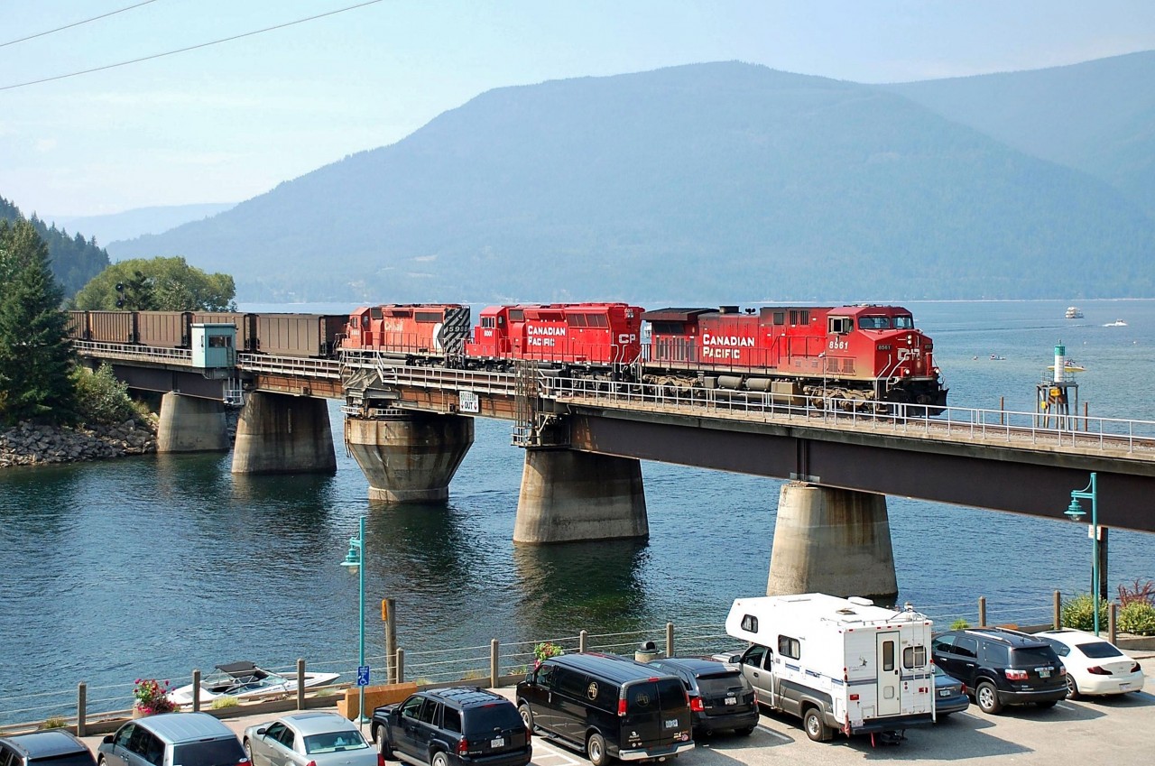 The swing bridge @Sicamous has just closed and this eastbound empty coal train is first across behind CP nos.8561,5001 & 5988.