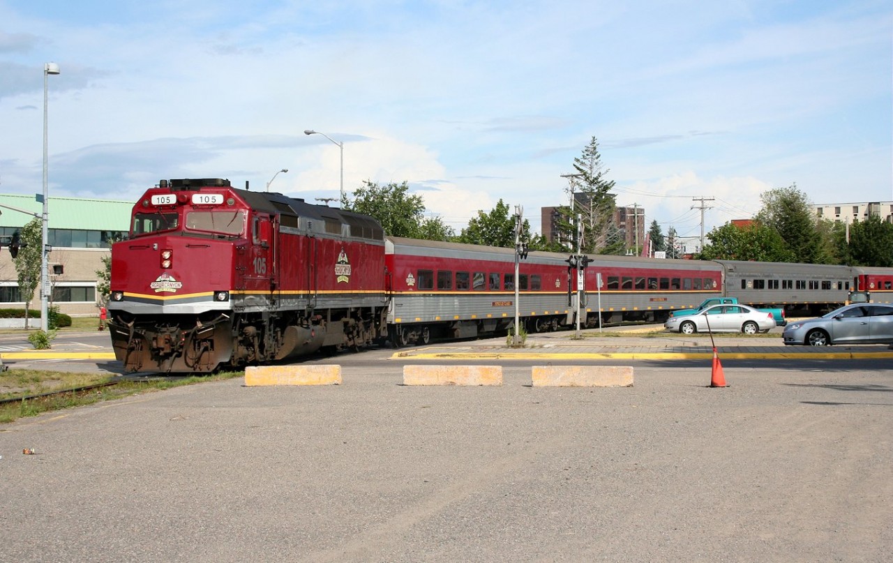 The Agawa Canyon Tour Train departs the Algoma Central Railway's downtown Sault Ste. Marie station to head back to the yard for servicing having completed another daily run to the railway's remote Agawa Canyon Park.

While the line is now owned and operated by Canadian National, the Algoma Central Railway name is still used for the passenger service on the line, including the Agawa Canyon Tour Train and the regular local service between Sault Ste. Marie and Hearst.