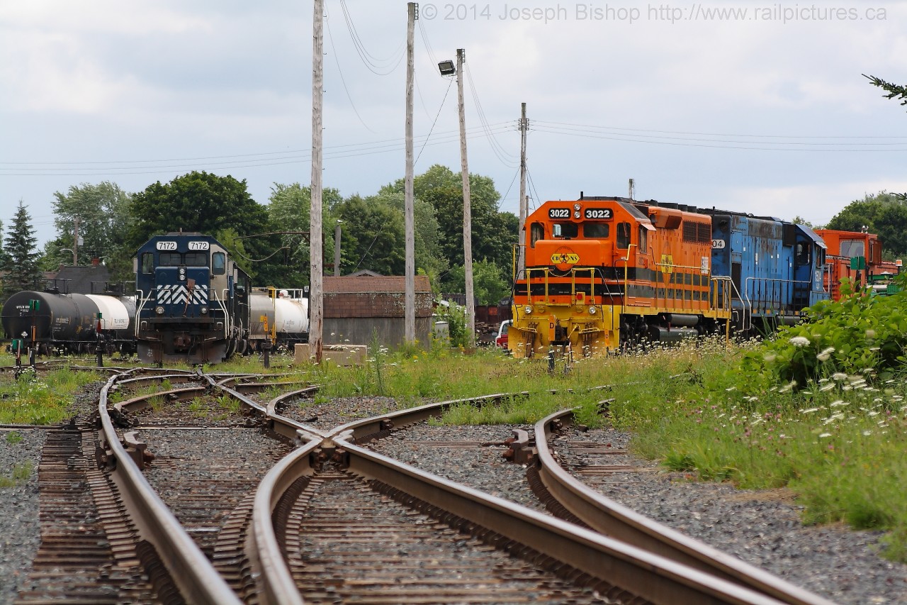 CBNS power sits idle in the yard at Stellarton.  Three different locomotive models are represented in this photo, the SD40-2, the GP40-2 and the GP15-1.