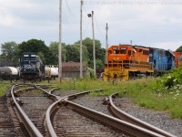 CBNS power sits idle in the yard at Stellarton.  Three different locomotive models are represented in this photo, the SD40-2, the GP40-2 and the GP15-1. 