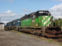 While touring Eastern Canada a quick stop at the CBNS yard in Stellarton yielded a good find.  An ex Burlington Northern SD40-2 parked in the yard with another two SD40-2's to be used on the road freight later that day.