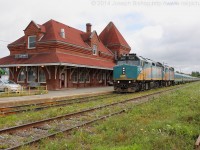Via train 15 rolls into Amherst Nova Scotia right on time.  The train is seen passing the beautiful station that sees Via trains three days a week now.  This is their last stop in Nova Scotia before continuing into New Brunswick and then Quebec.