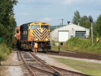 Southbound train no. 214 arrives at North Bay Yard, and the yard crew is ready to hop on board and take over the train from the inbound road crew who will disembark as the train slowly rolls across the grade crossing at the north side of the shops.