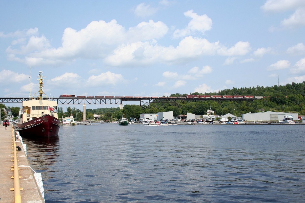 Northbound Canadian Pacific train 421 rolls across the massive trestle above the Parry Sound harbour.