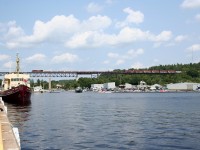 Northbound Canadian Pacific train 421 rolls across the massive trestle above the Parry Sound harbour.