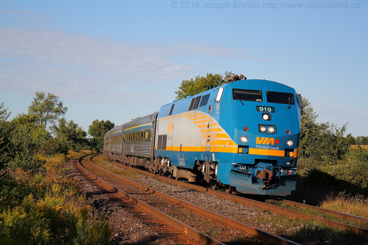 The hot box detector at Mile 15 announced the approach of Via 83 as it approached Powerline Road at a cool 77mph.  Via 919 was easily keeping its train of 4 budd passenger cars at track speed on its way to its next stop in Brantford and then points West.