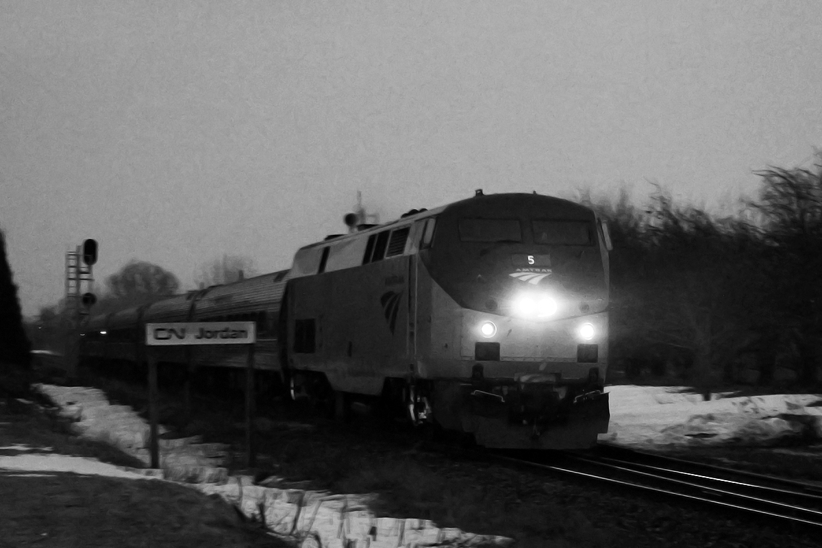 In the last of some gloomy evening light, the Toronto bound Maple Leaf rips over the Jordan control point at 65mph.