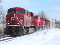 As a special anniversary, this is my 100th photo on Railpictures.ca. Here is a throw-back to February 2014. Just 2 days ago, I shot the special Royal Canadian Pacific 40B here, and 6 months ago I shot CP 421 here with the snow still lying on the ground with a legendary lash-up. All hooked up 'elephant style', a GE, a SD60M, a SD9043MAC, and another GE head north on the MacTier subdivision. This is the first time I've ever seen a SD60M and a SD9043MAC.
