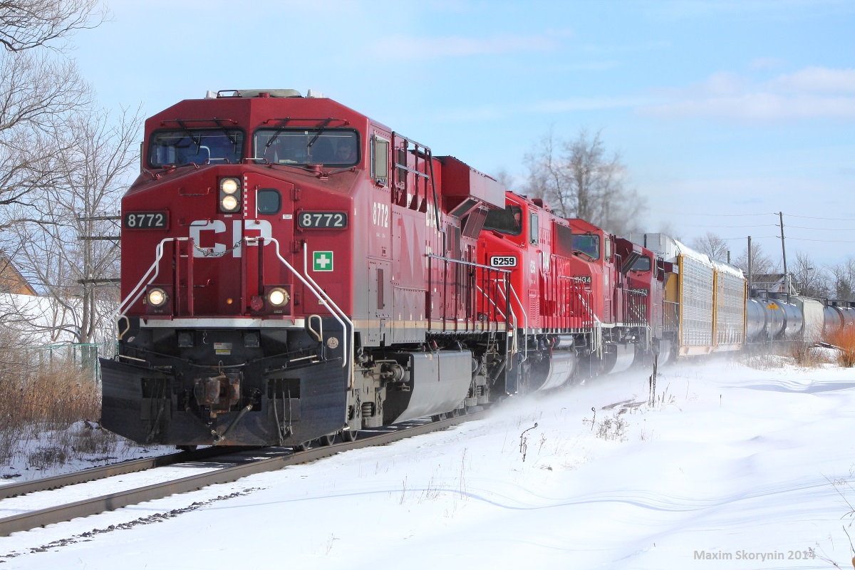 As a special anniversary, this is my 100th photo on Railpictures.ca. Here is a throw-back to February 2014. Just 2 days ago, I shot the special Royal Canadian Pacific 40B here, and 6 months ago I shot CP 421 here with the snow still lying on the ground with a legendary lash-up. All hooked up 'elephant style', a GE, a SD60M, a SD9043MAC, and another GE head north on the MacTier subdivision. This is the first time I've ever seen a SD60M and a SD9043MAC.