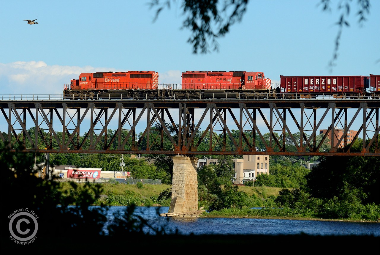 Flying high - both a Canada Goose and a CP Work train are high above the Grand River at Galt Ontario - the OCS move heading back to Toronto after a days work on the Galt sub west of here. Train is framed in the scenery at Riverside Park at Galt - shootable from the north side during the summer months from about 6:30PM to sunset during the long summer days only.