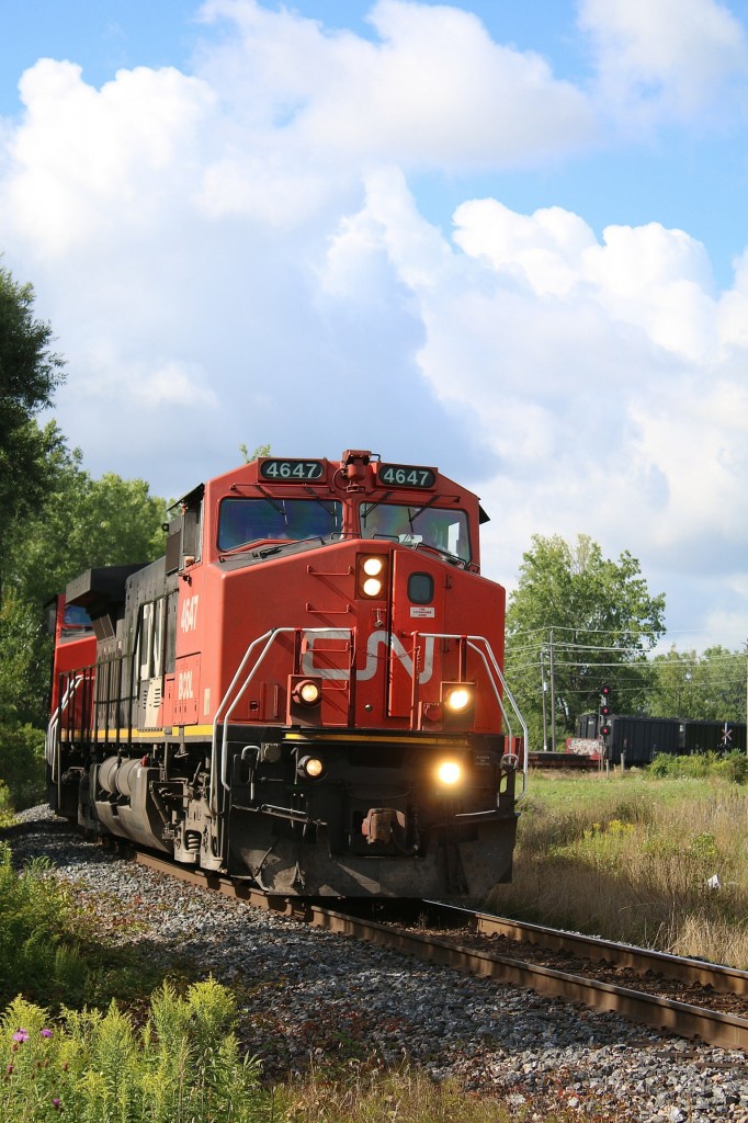 CN train 331 with a former BC Rail Dash9 leading a former BNSF/ATSF Dash 8 rounds the wye off the Stanford sub. at Clifton.