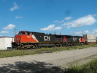 CN 2669 and CN 2179 pull an intermodal train west on the CN Rivers Sub.