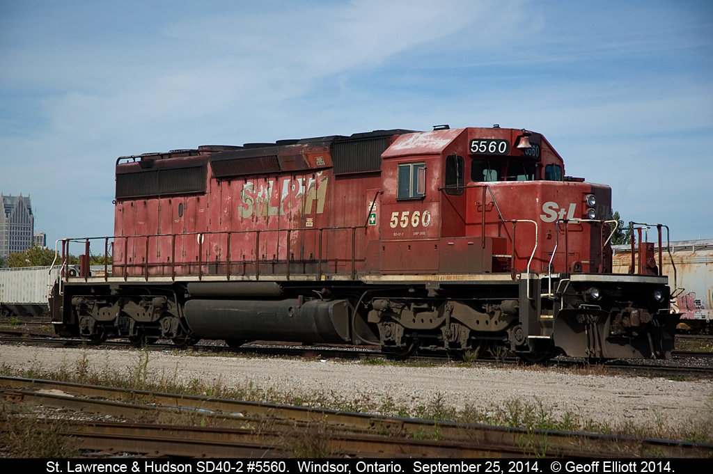 One of the few StL&H units still running on CP is SD40-2 #5560, which is seen here pausing between switching duties in Windsor, Ontario.  Recently some of the SD40-2's that are the 'norm' in Windsor have been temporarily replaced with rebuilt ex-SOO SD60's who have been assigned to yard duty!!!!