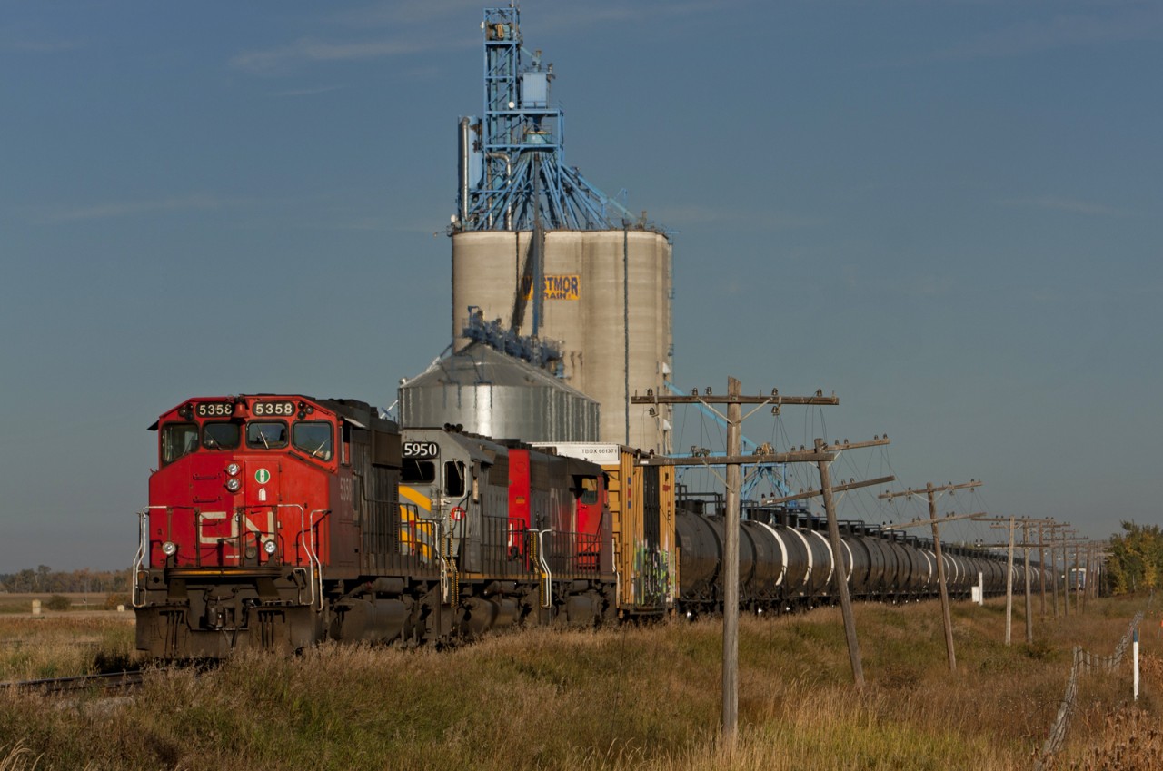 Southbound Smith to Edmonton freight G590 is tied down at the elevator waiting for a new crew.