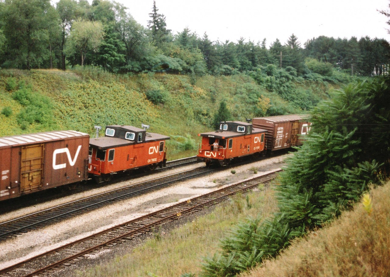 It was rare enough getting a 'meet' right in front of me let alone a meet of cabeese. Further, both freight cars are of the old Central Vermont vintage, now, of course, a fallen flag. The boxcar on the right, the more I look at the door on it, the more I image a 'face' and 'shoulders' on it. An illusion? See it? Perhaps it is just me. Could be time I changed my brand of beer.