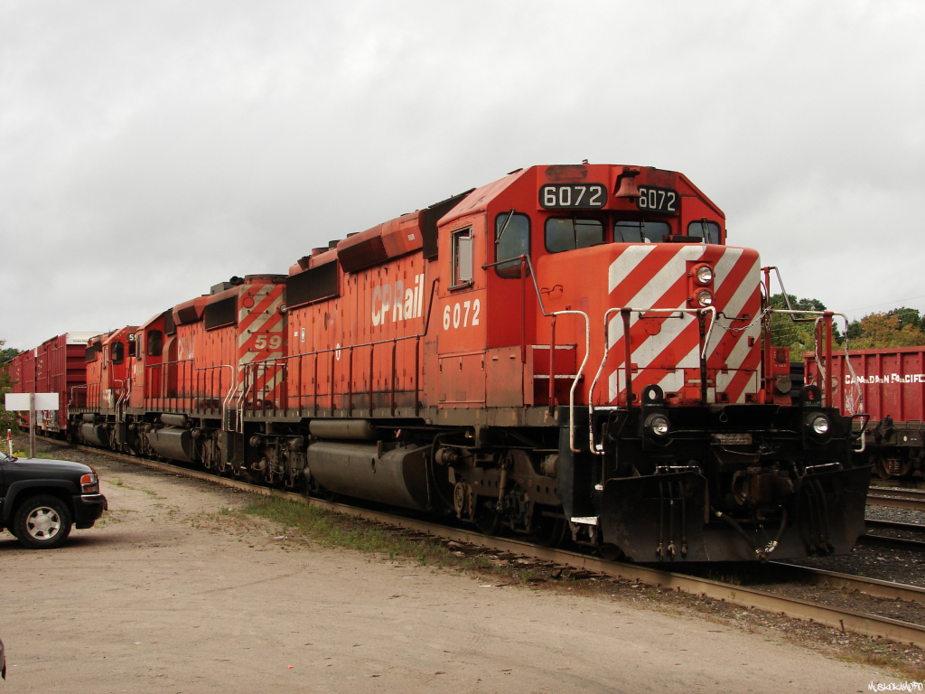 CP 6072 South stopped on the main in MacTier for a fresh crew to Toronto Yard during a beautiful summer night in 2009. As far as I can tell 6072 and 5991 are still active, while 5944 has since been sent to Mayfield for the ECO-rebuild program.