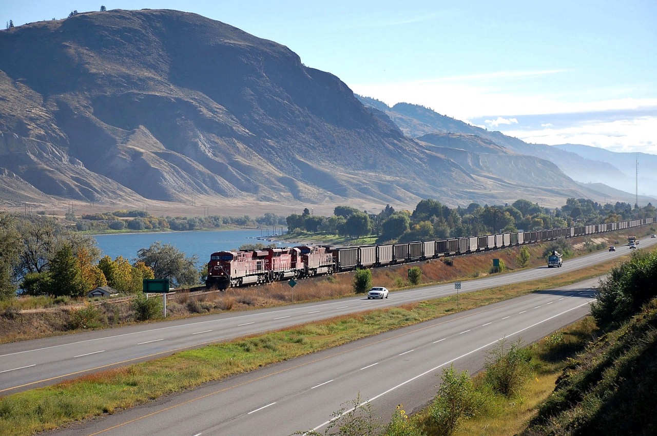 It's a hazy morning as CP nos.8835,5008 & 9555 are speeding towards Kamloops in charge of this westbound coal train. CP 5008 is one of the newly rebuilt SD30ECO's and these units are appearing regularly on coal trains these days.