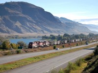 It's a hazy morning as CP nos.8835,5008 & 9555 are speeding towards Kamloops in charge of this westbound coal train. CP 5008 is one of the newly rebuilt SD30ECO's and these units are appearing regularly on coal trains these days.