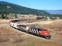 Crossing Hwy97 near O'Keefe..there are quite a few hoppers on the train today.