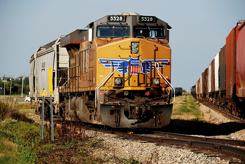 UP 5528 rest on the elevator track after bringing CP 324 into Wynyard. CP 298 can be seen on the main making a crew change.