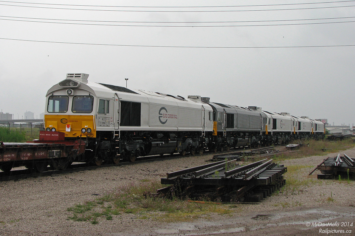 Sitting in the rain on a gloomy day, a gang of brand new JT42CWRM "Class 66" (or, Class 77) units sit at CN's Mimico Yard awaiting forwarding to the Toronto Port Authority.

Euro Cargo Rail 077026, 077025, 07727, 07723 with grey Crossrail DE 6312 among them are just 5 of the 9 units waiting to head overseas to Europe after being built at EMD's London, Ontario locomotive assembly plant. Moving on their own wheels, EMDX idler cars with a regular coupler at one end and buffers at the other allow regular locomotives to move them (note the "Spare hook & buffer" lettering on the toolbox). Today the EMD plant is closed, and export locomotives no longer travel through Canada to the ports in Halifax and Toronto.

Switch and track panels litter the yard, with the CN yard office and Lantic Sugar plants visible on the right, and the Islington Avenue overpass and a GO train in GO Transit's Willowbrook Yard on the left.

Taken from behind the fence of an adjacent commercial property looking into the yard.