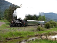 Kamloops Heritage Railway's ex CN 2-8-0 2141 with a Campbell Creek(Near Kamloops) to Armstrong BC excursion
Rolls along the Salmon River just west of the Village of Falkland on Kelowna Pacific Railwa's ex Canadian National Okanagan branch.