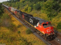 After getting a timely heads up that Canadian National oil train U71091 has just passed Georgetown, and a friendly note aside from that that they'll be making a crew change at Goreway, I head out to mile 22 of the York subdivision in hopes of getting it. It has CERX 1337 trailing, and this is the first CERX unit I've ever got before. Just as I arrive, I fire up my scanner and immediately I hear CN 2648 East, CN U71091 talking to foreman John Lino to obtain clearance from mile 19-18 of the York subdivision, which he's working on. Seconds later, U71091 gets its light and after a short wait, is seen in this picture passing through. 