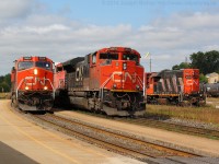 <b>Triple Play At Brantford</b> <br> <br> CN 148 is seen passing CN 384 on the South Track at Brantford on a sunny September afternoon.  384's crew had run out of hours and received a crew change at Brantford.  384 would depart shortly after 148 cleared Massey's to make way for four westbound trains all between Lynden and Aldershot.