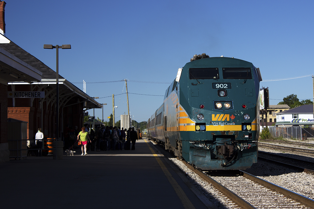 VIA train 84 arriving at Kitchener VIA station was my ticket home to Toronto. It was on time getting into Kitchener, but not really on time getting into Toronto. VIA 902 lead 4 LRC cars for train 84.